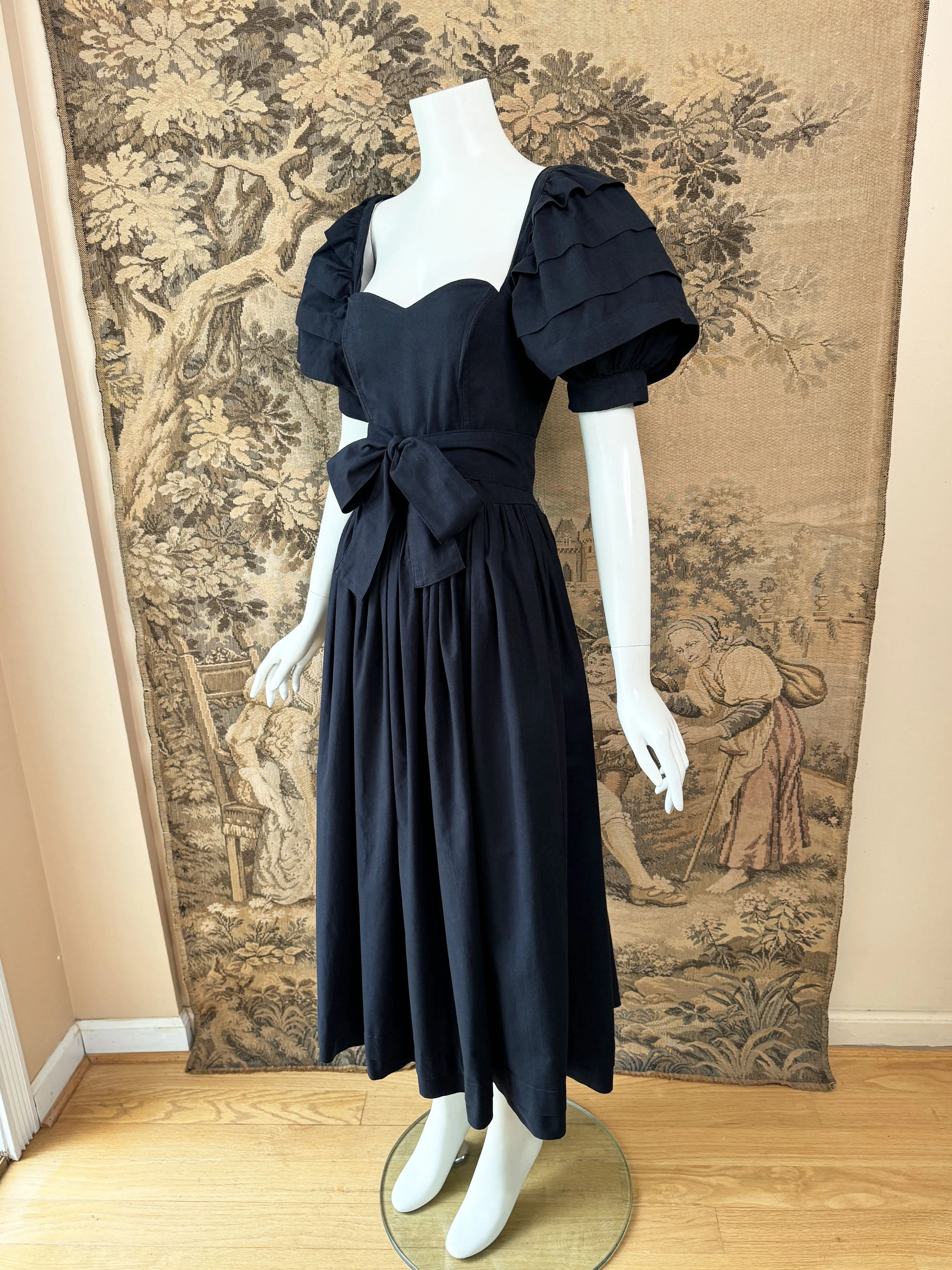 Laura Ashley 1980s Black Puff Sleeve Dress
