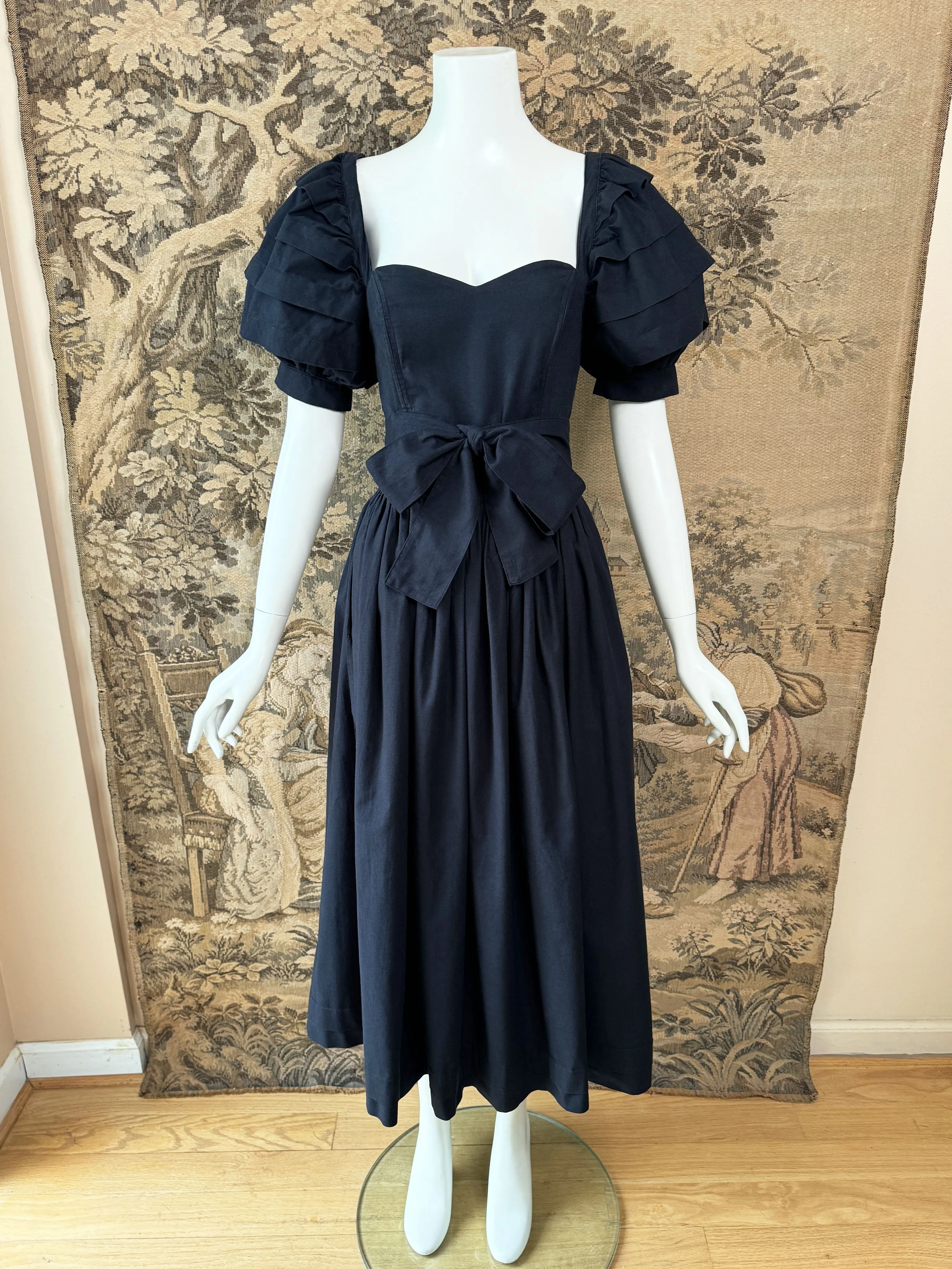 Laura Ashley 1980s Black Puff Sleeve Dress