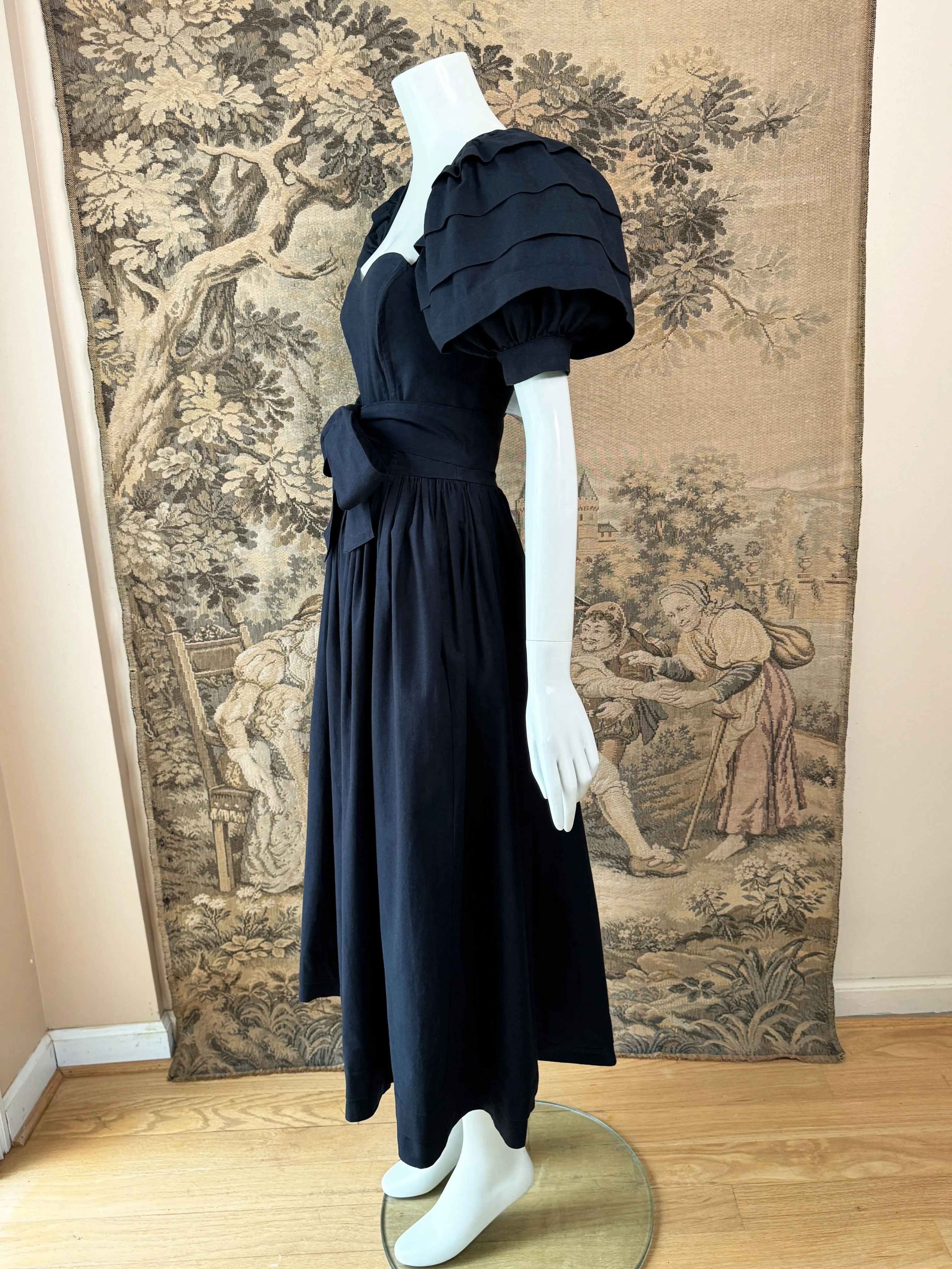 Laura Ashley 1980s Black Puff Sleeve Dress