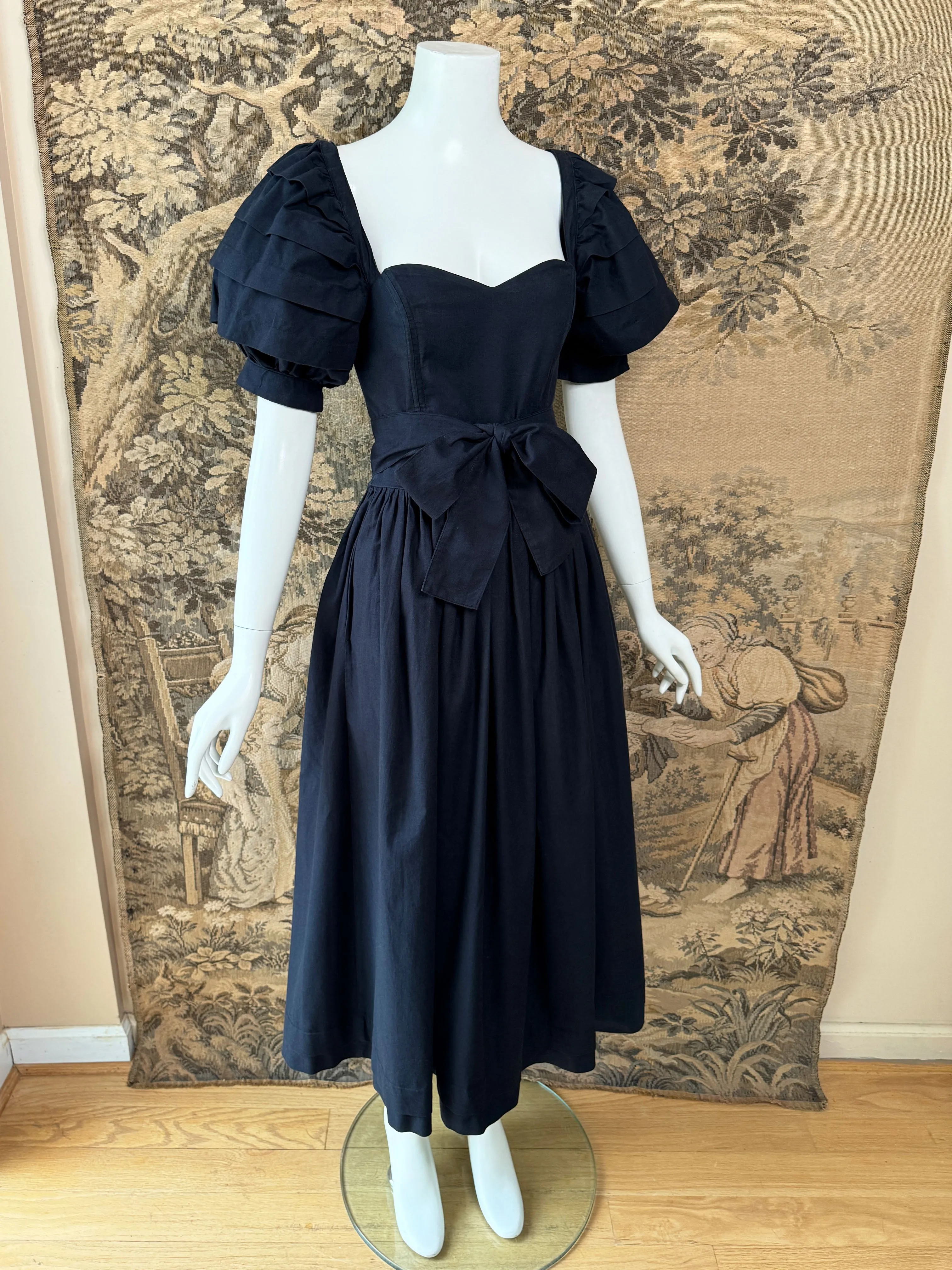 Laura Ashley 1980s Black Puff Sleeve Dress