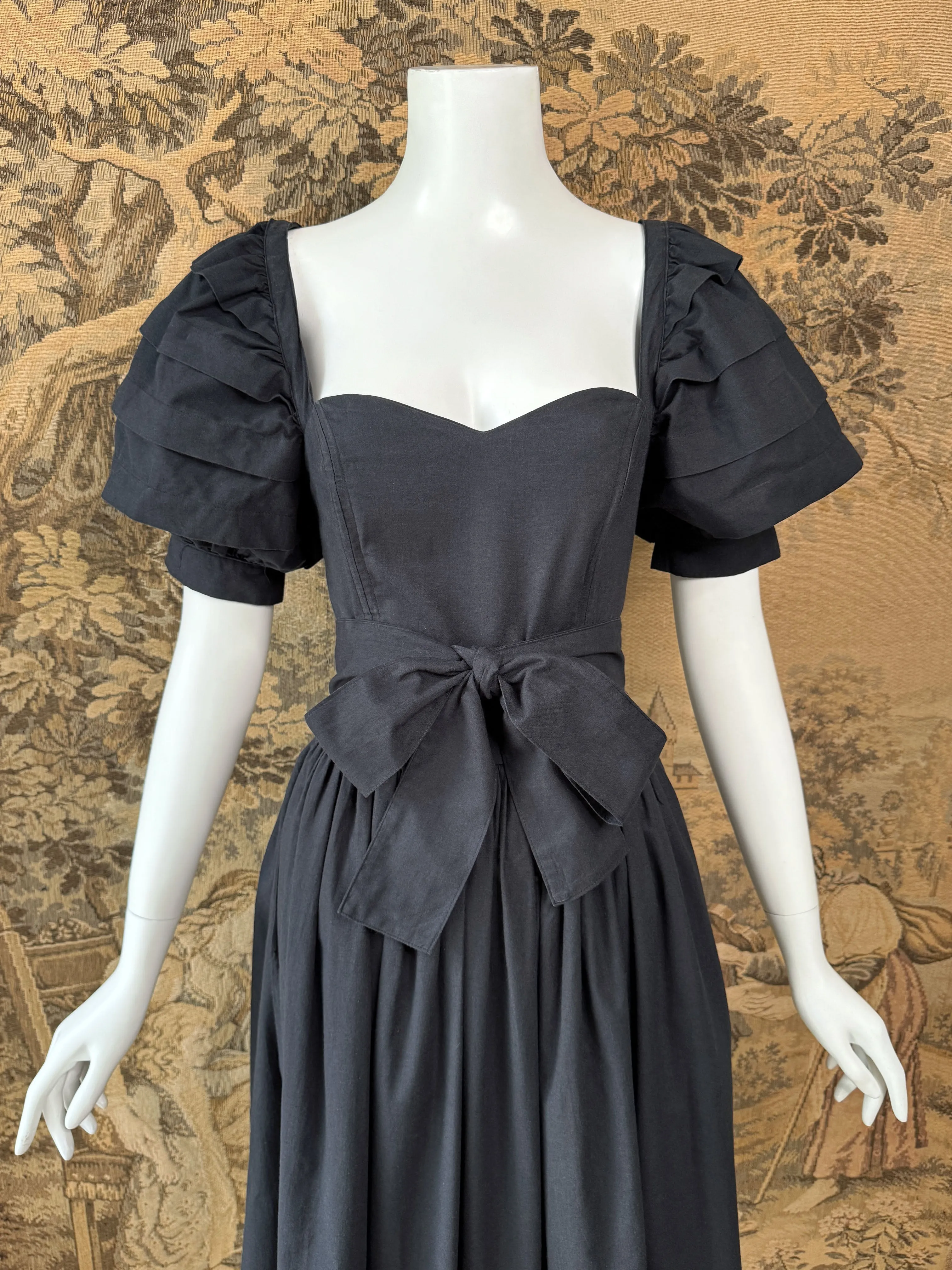 Laura Ashley 1980s Black Puff Sleeve Dress