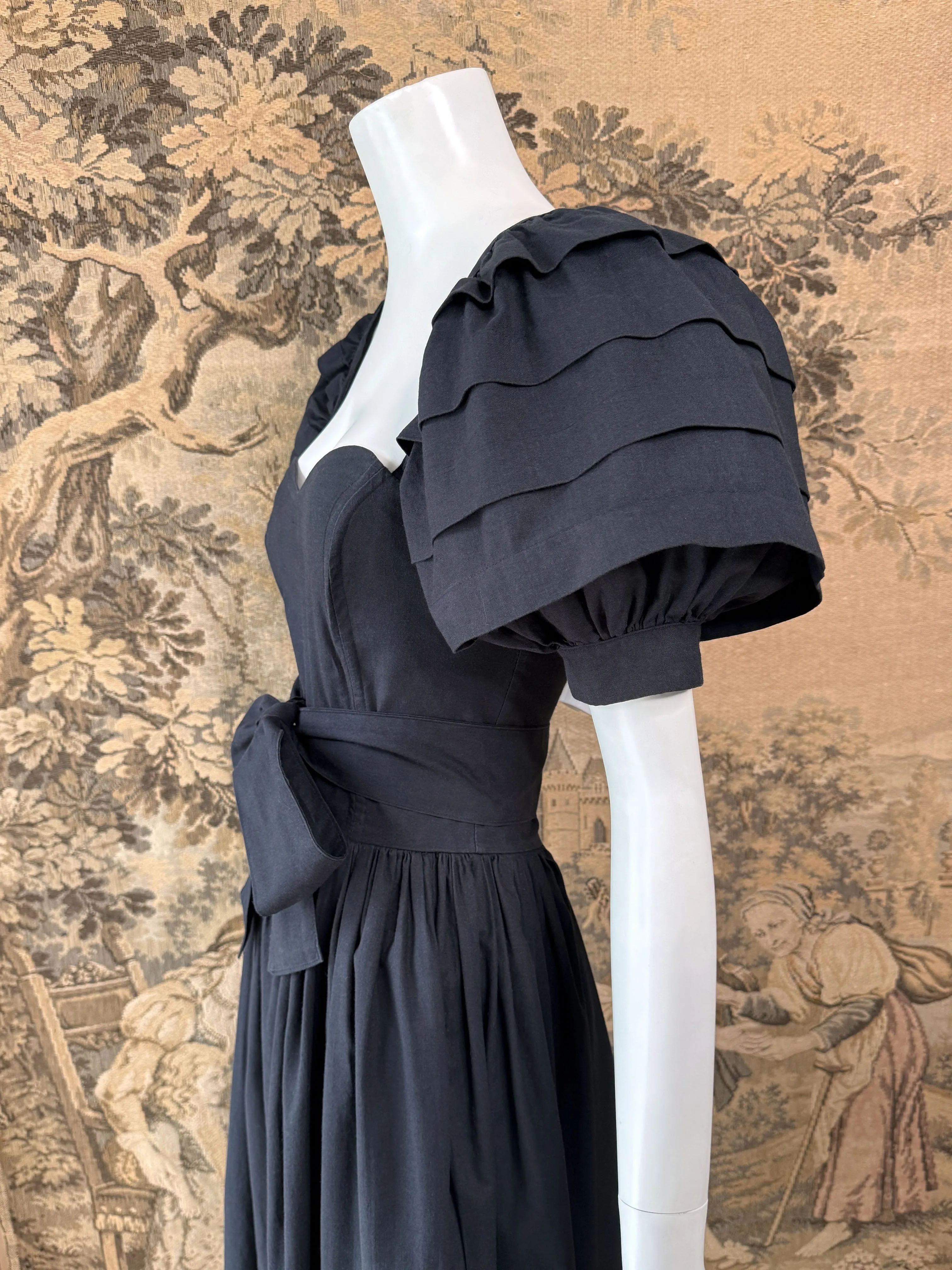 Laura Ashley 1980s Black Puff Sleeve Dress