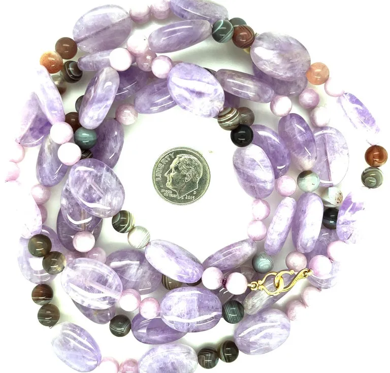 Lavender Rose de France Amethyst, Kunzite and Quartz Necklace with 14k Gold