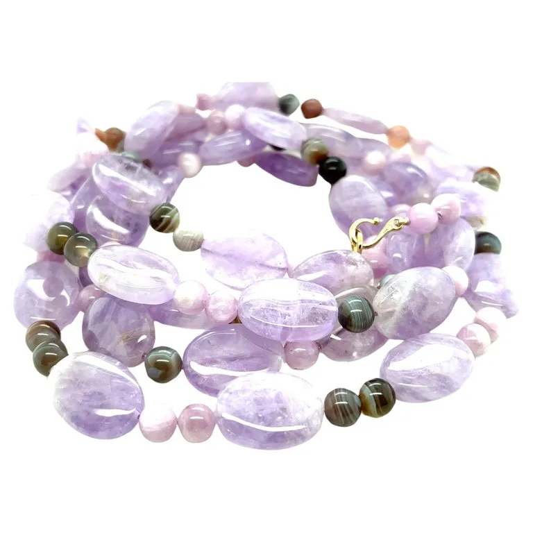 Lavender Rose de France Amethyst, Kunzite and Quartz Necklace with 14k Gold