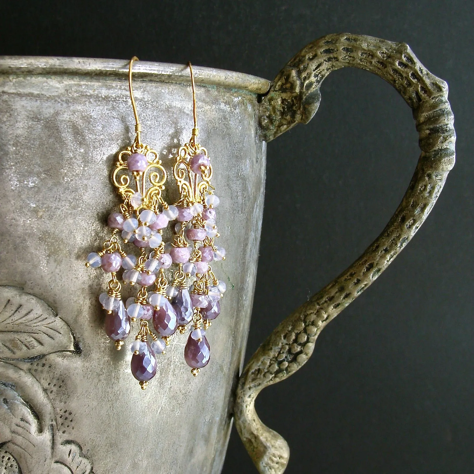 Lavender Silverite Opal Moon Quartz Chandelier Earrings - Veronique Chandelier Earrings