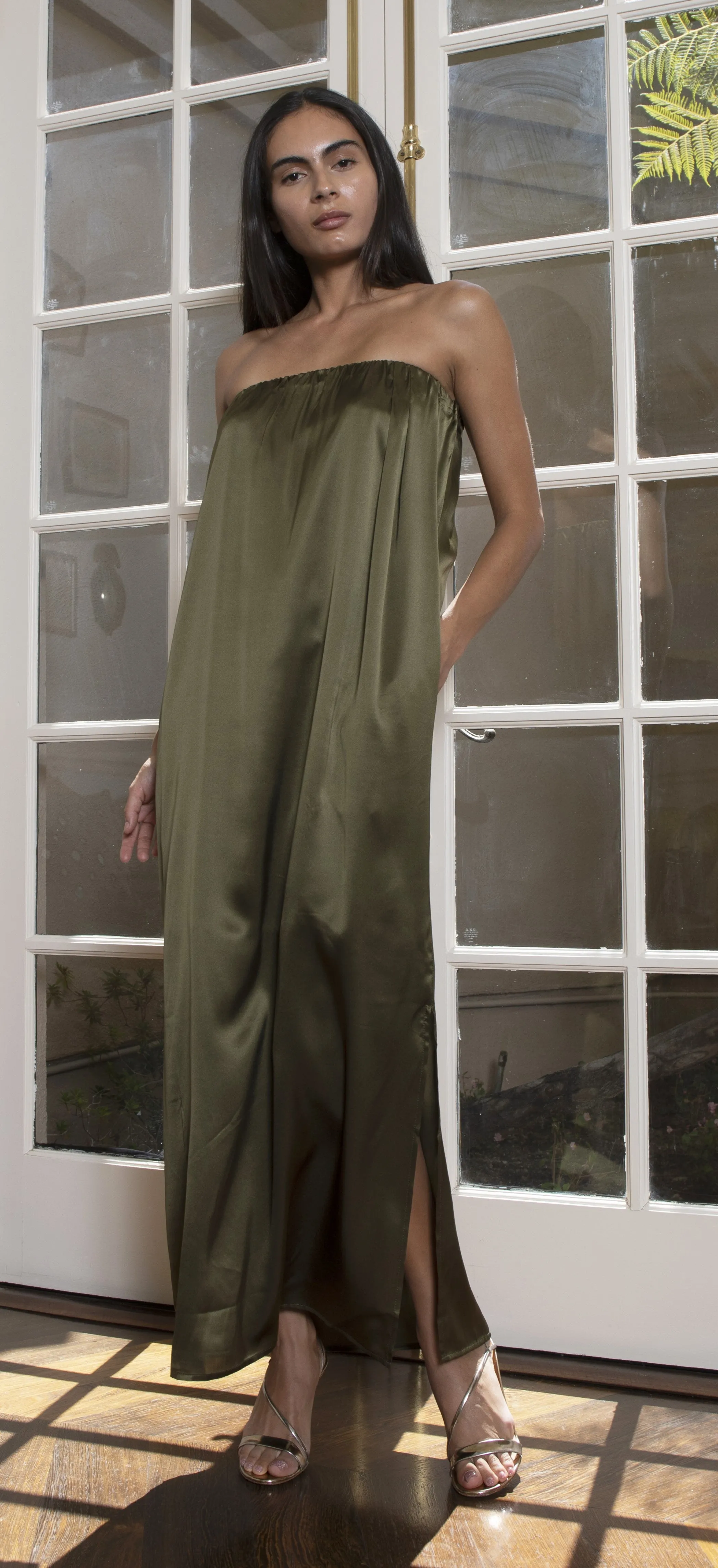 Layla Pleated Long Dress Dark Olive