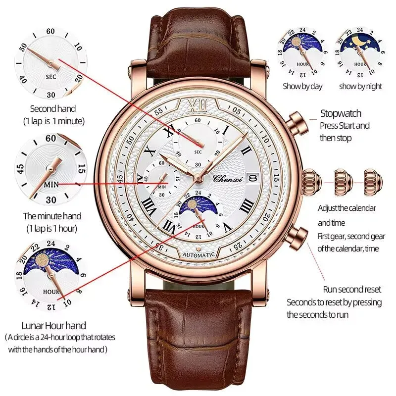 Leather Chronograph Date Men's Phase Of The Moon Timing Business Luminous Quartz Watch