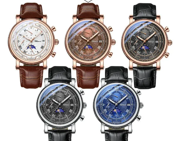 Leather Chronograph Date Men's Phase Of The Moon Timing Business Luminous Quartz Watch