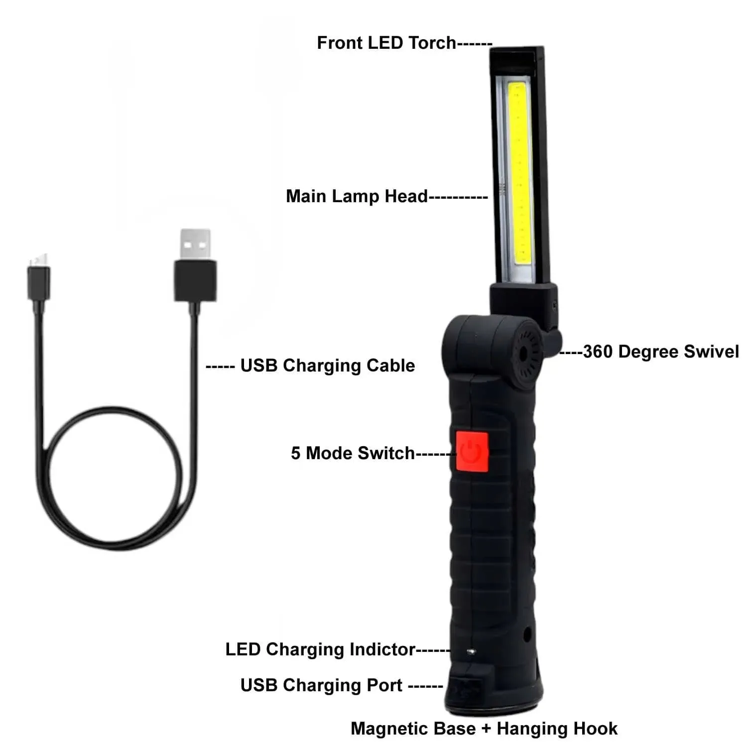 Led COB Work Light Torch 3w Usb Rechargeable Cordless Inspection Lamp