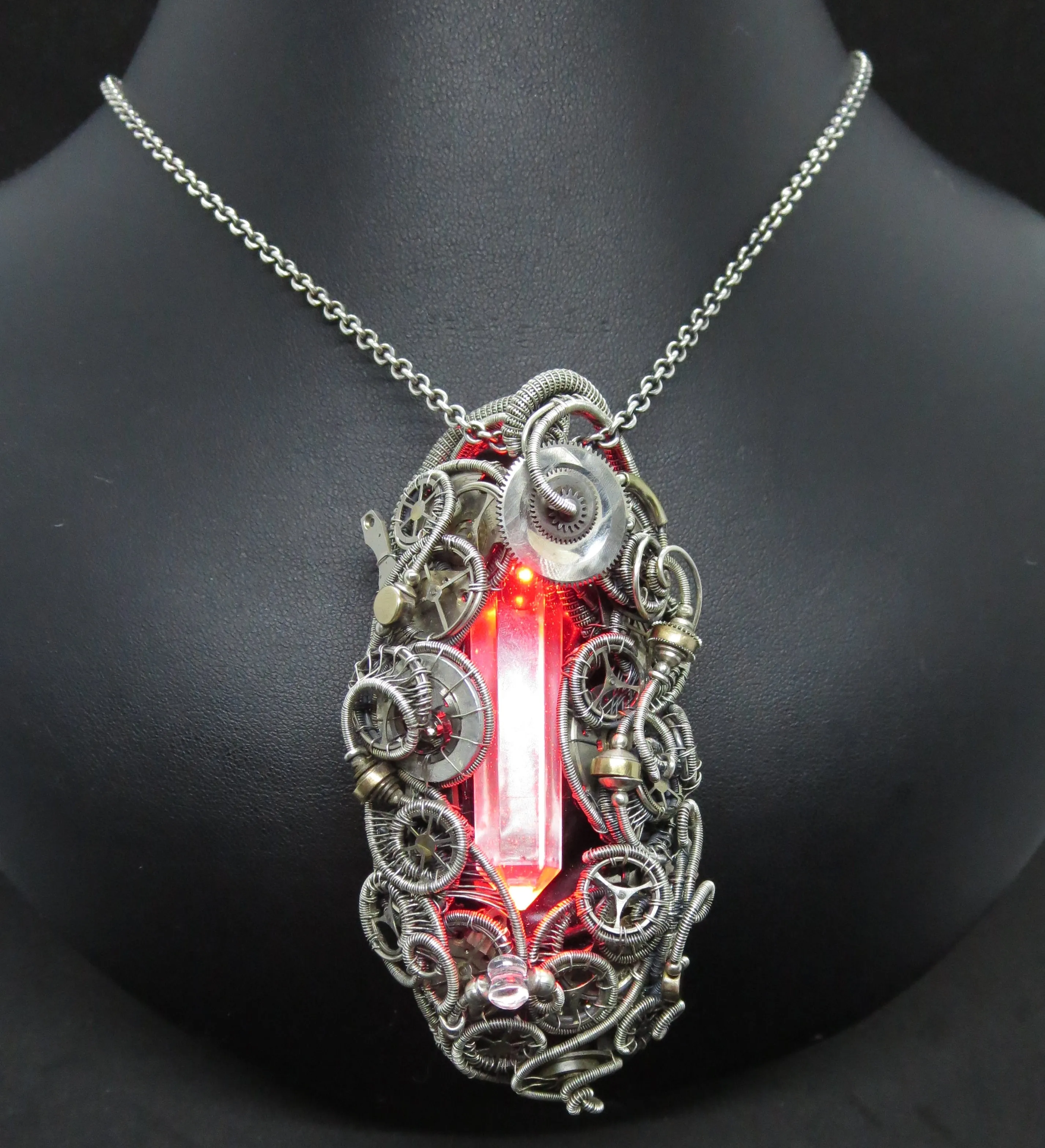 LED Resin Gem Cyberpunk Necklace with Upcycled Electronic and Watch Parts