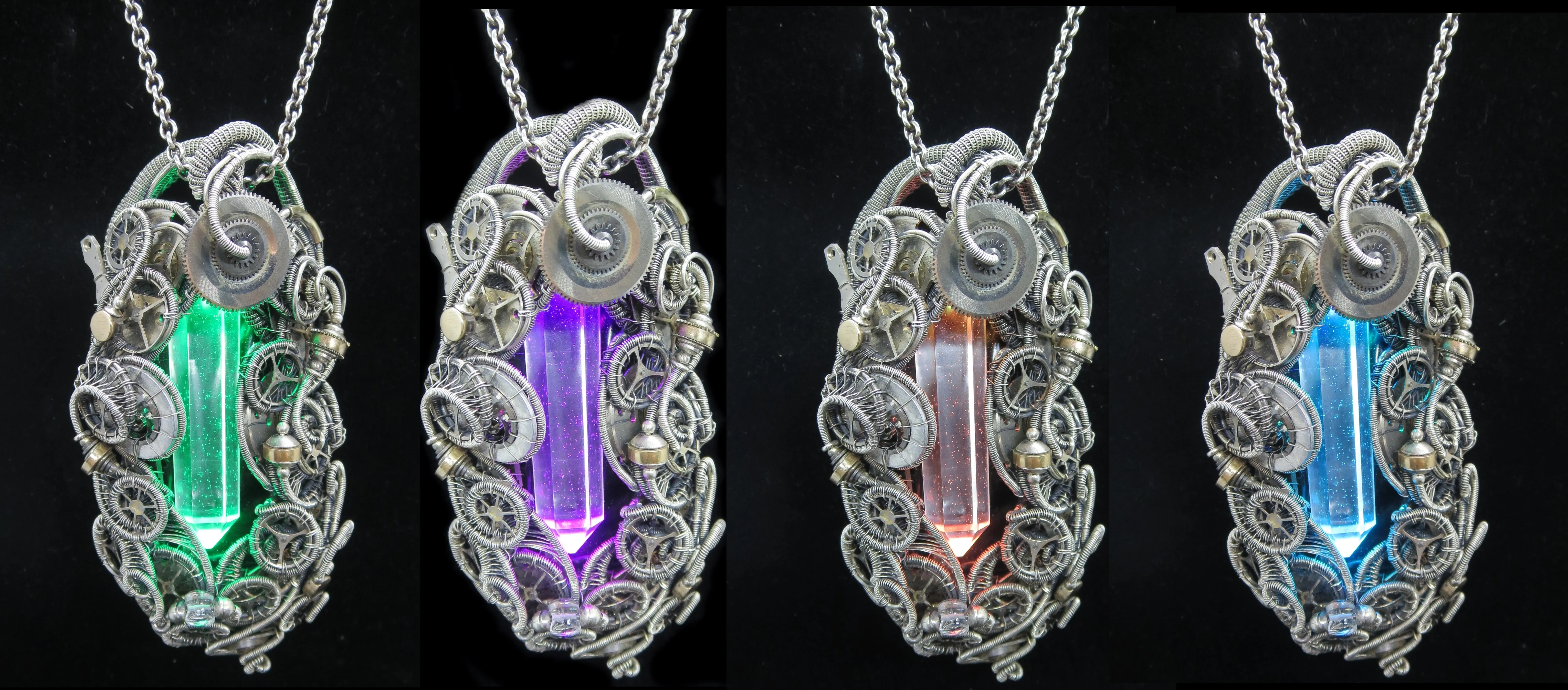 LED Resin Gem Cyberpunk Necklace with Upcycled Electronic and Watch Parts