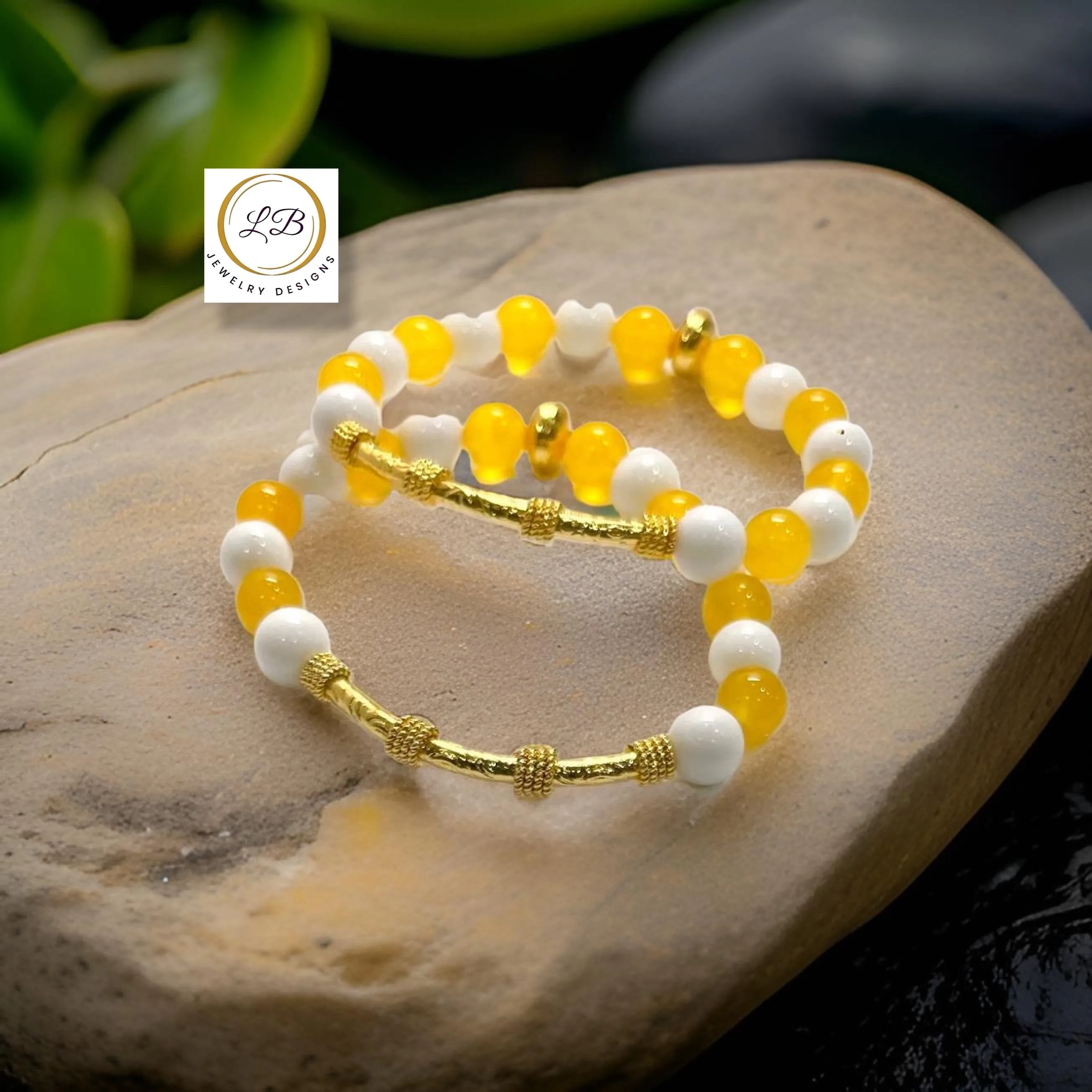 Lemon Quartz & Alabaster Gemstone Bali Tube Beaded Bracelet