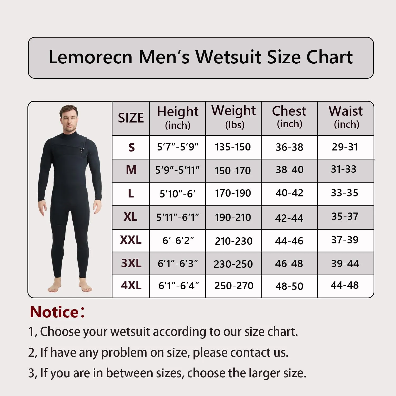 Lemorecn Men’s Wetsuit 4/3mm Chest Zip Full Wetsuit * * Up to 4XL * *