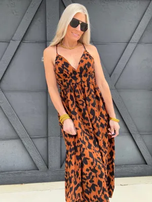 Leopard Print Plunge Midi Dress In Brown