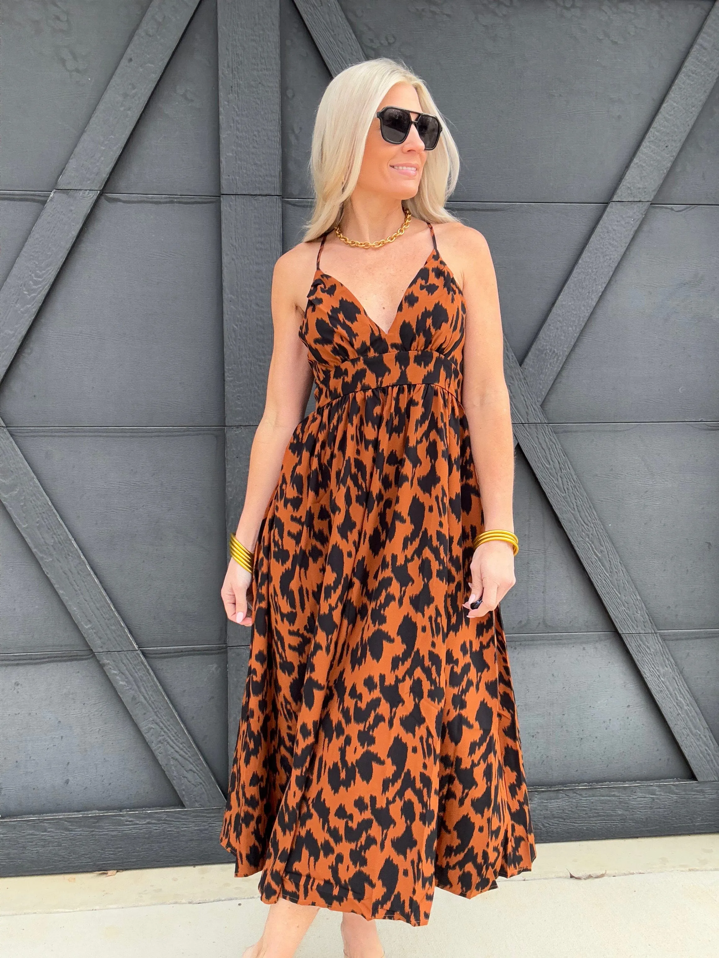 Leopard Print Plunge Midi Dress In Brown