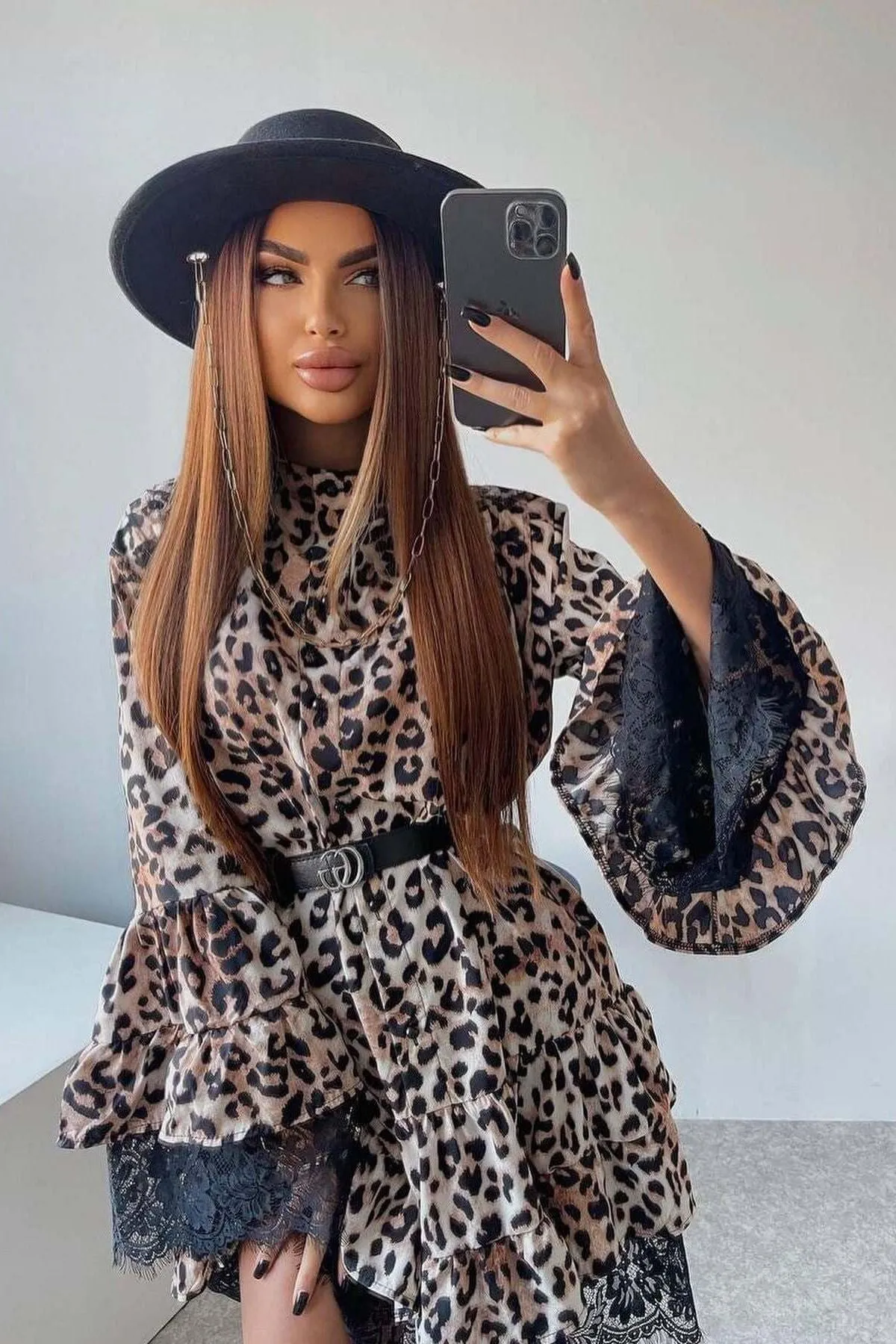 Leopard Trumpet Lace Short Dress