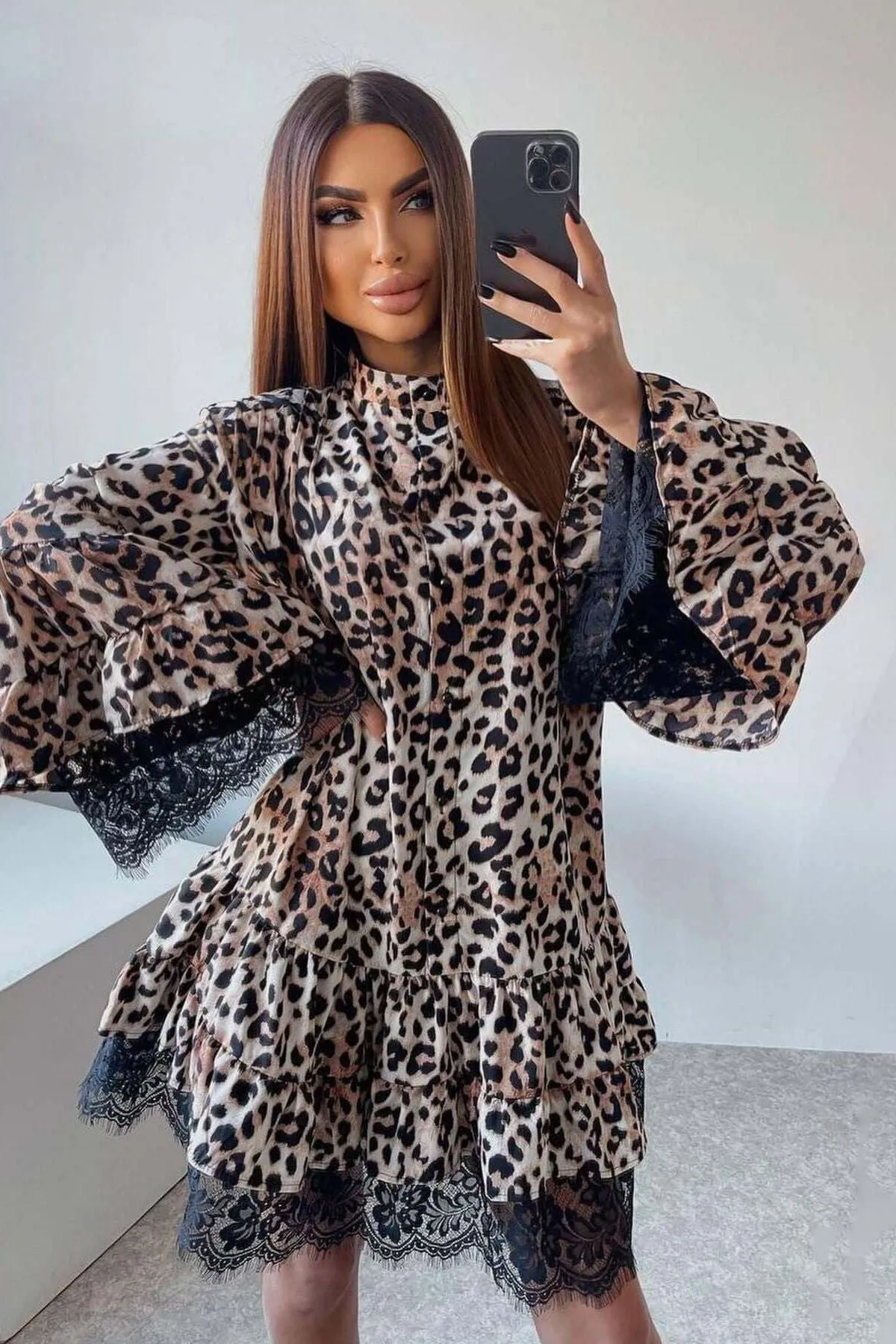 Leopard Trumpet Lace Short Dress
