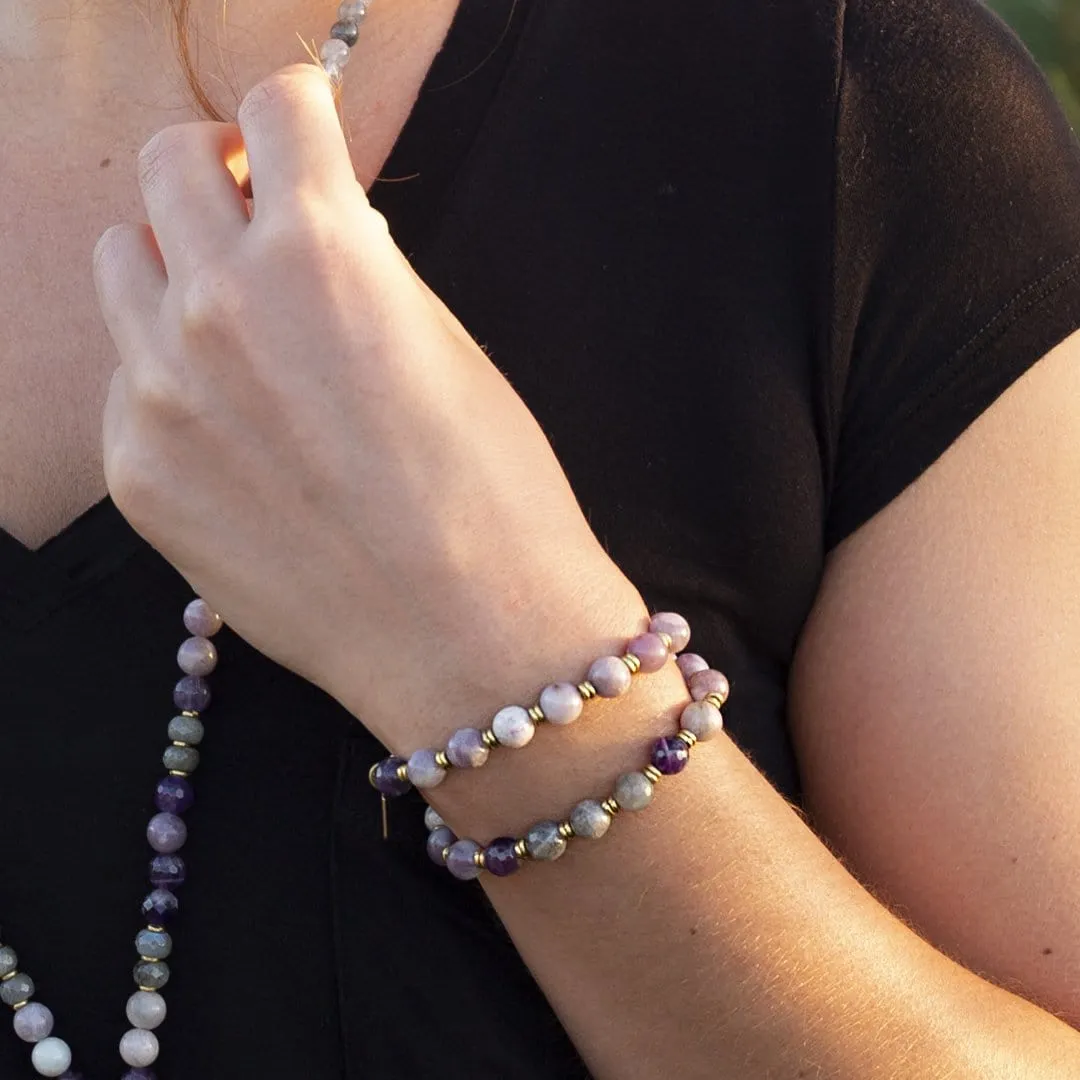 Lepidolite Amethyst and Labradorite Mala Bracelet