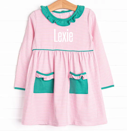 Lexie Ruffle Dress, Jade Green and Pink Stripe