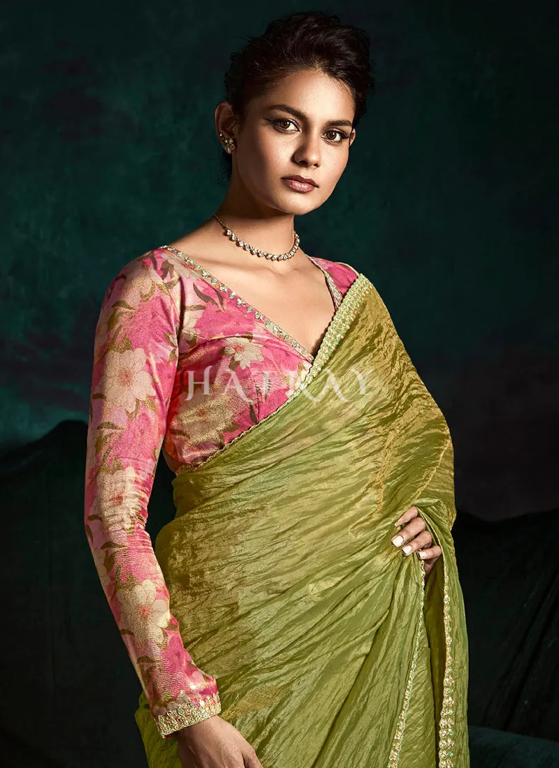Light Green And Pink Handwork Tissue Silk Saree