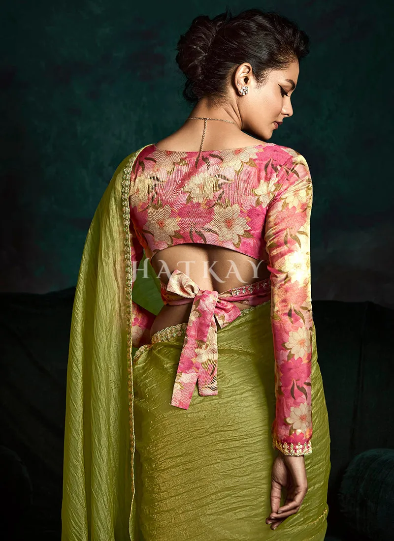 Light Green And Pink Handwork Tissue Silk Saree