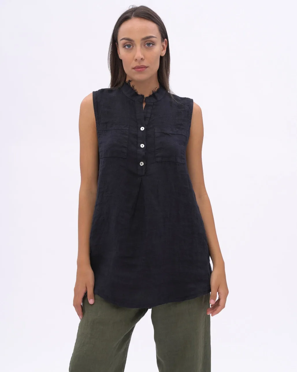 Linen Front Pocket Buttoned Tank