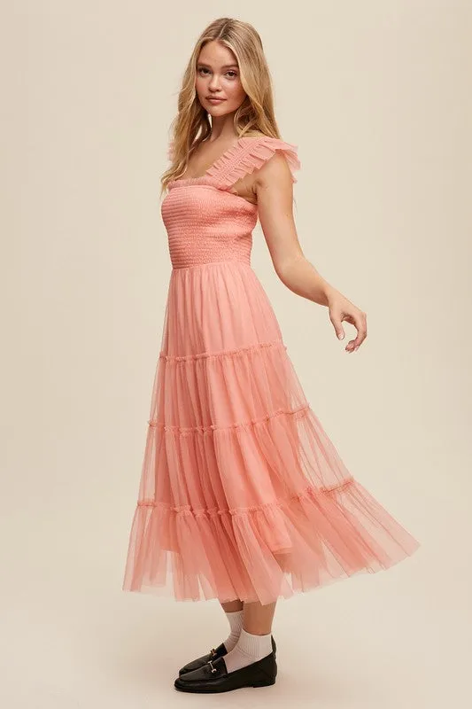 Listicle Smocked Ruffle Tiered Mesh Midi Maxi Dress