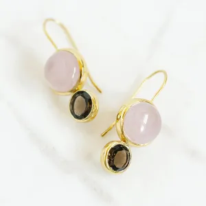 Little Color Block Drop Earrings in Rose Quartz and Faceted Smoky Quartz
