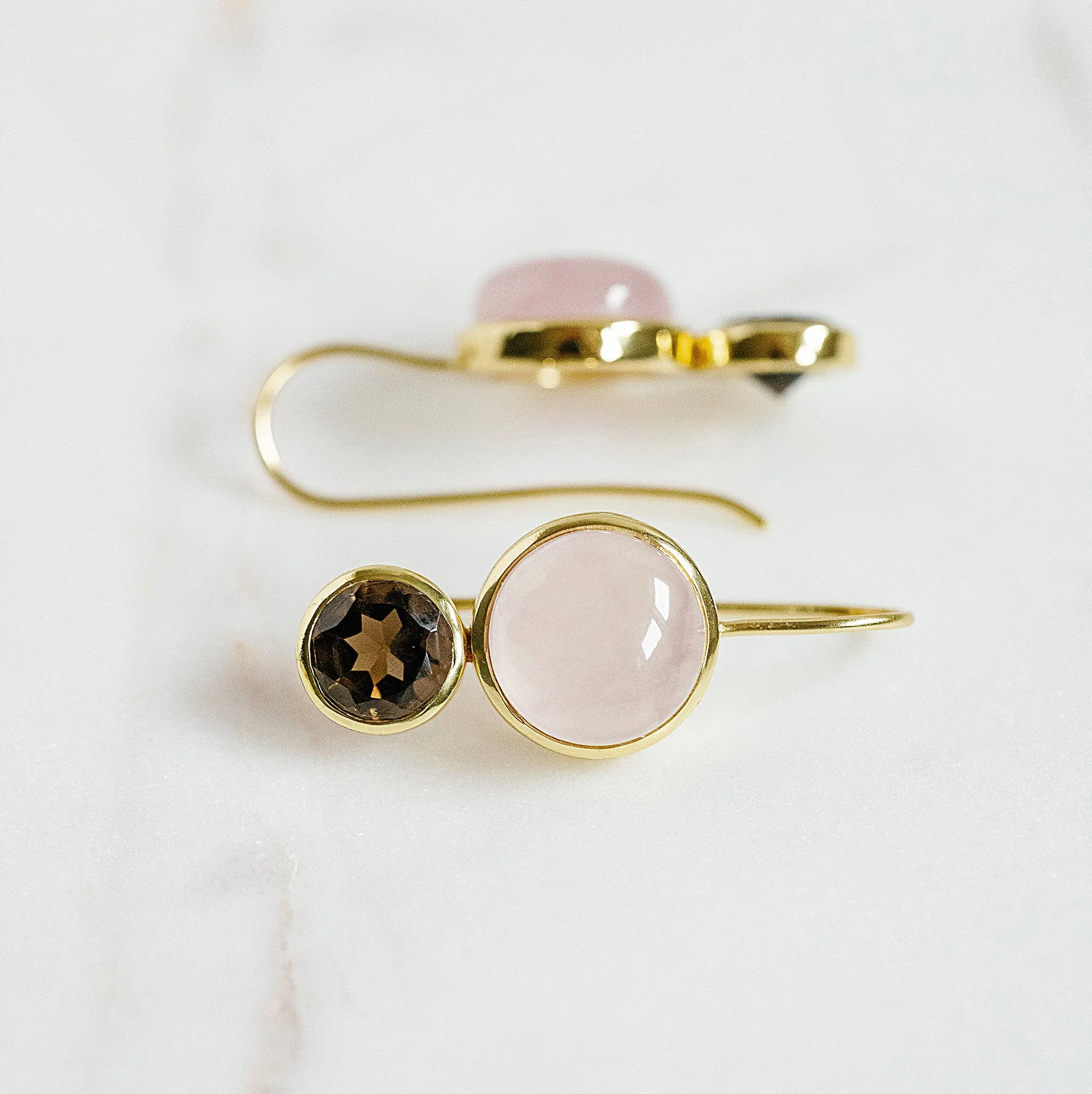 Little Color Block Drop Earrings in Rose Quartz and Faceted Smoky Quartz