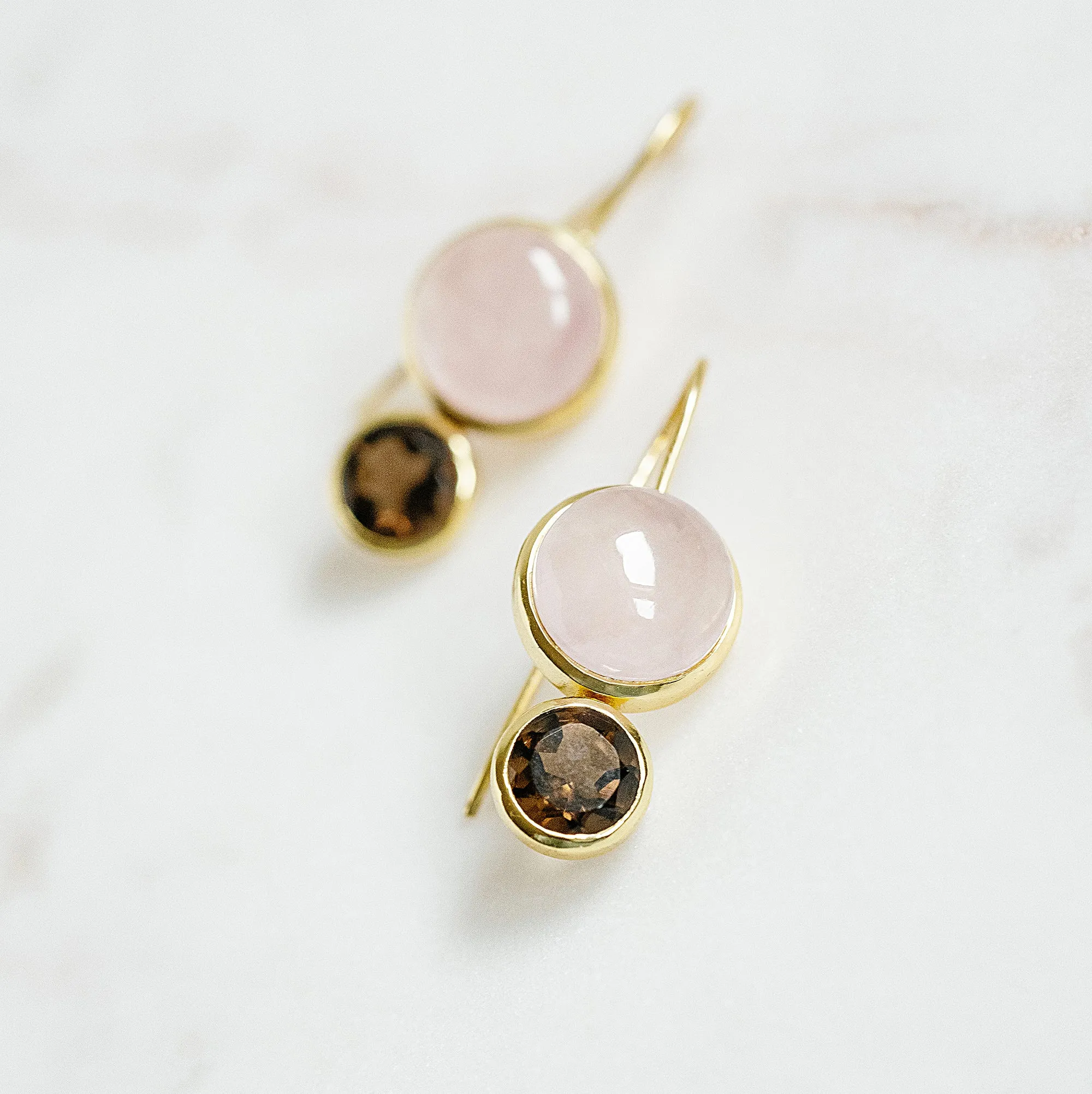 Little Color Block Drop Earrings in Rose Quartz and Faceted Smoky Quartz