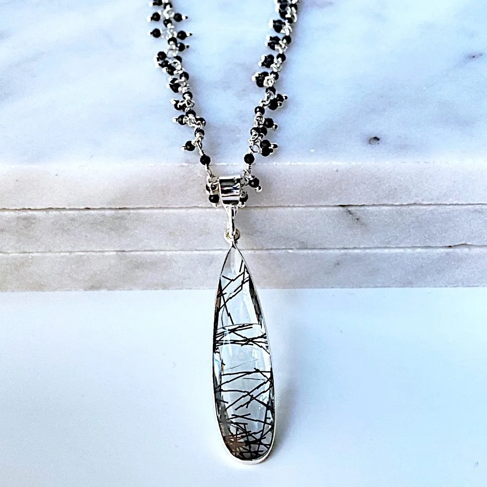 Long Black Beaded Rutilated Quartz Necklace