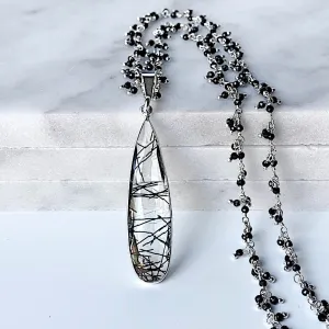Long Black Beaded Rutilated Quartz Necklace