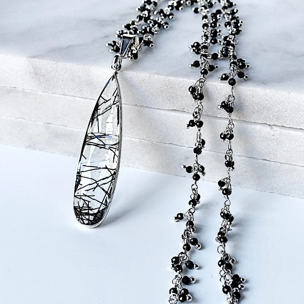 Long Black Beaded Rutilated Quartz Necklace