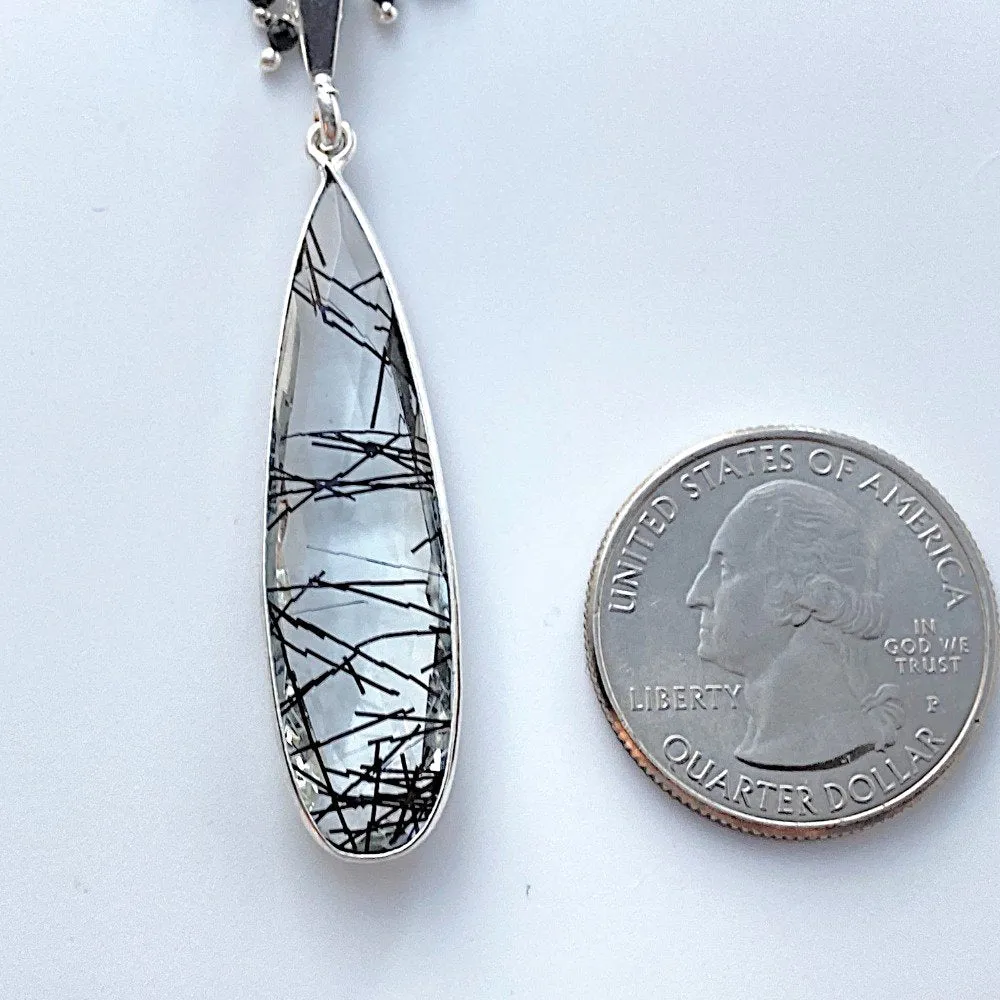 Long Black Beaded Rutilated Quartz Necklace