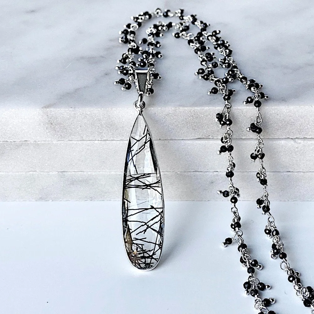 Long Black Beaded Rutilated Quartz Necklace