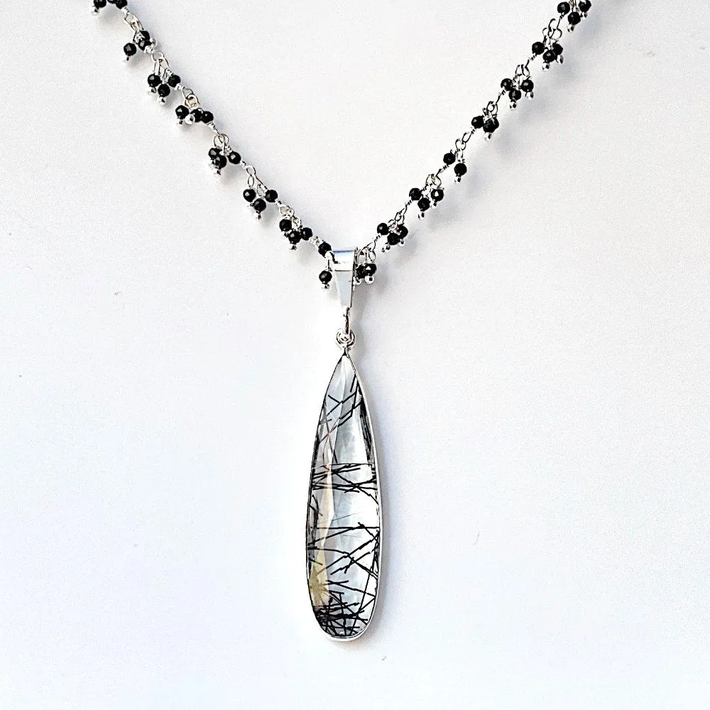 Long Black Beaded Rutilated Quartz Necklace