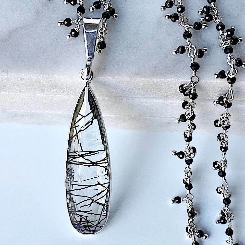 Long Black Beaded Rutilated Quartz Necklace