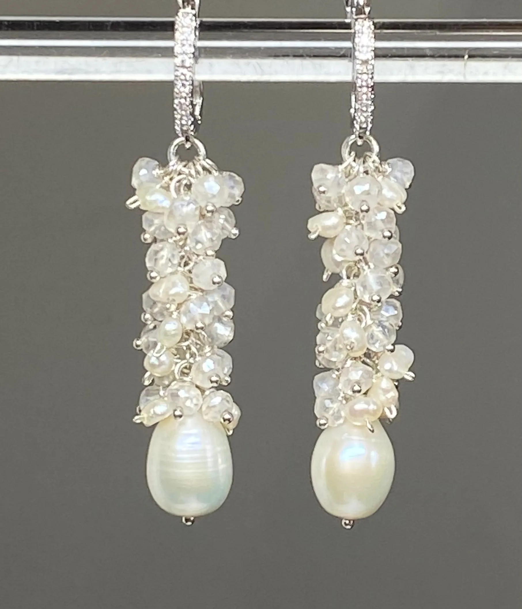 Long Mystic Quartz and Pearl Dangle Diamond Look Earrings