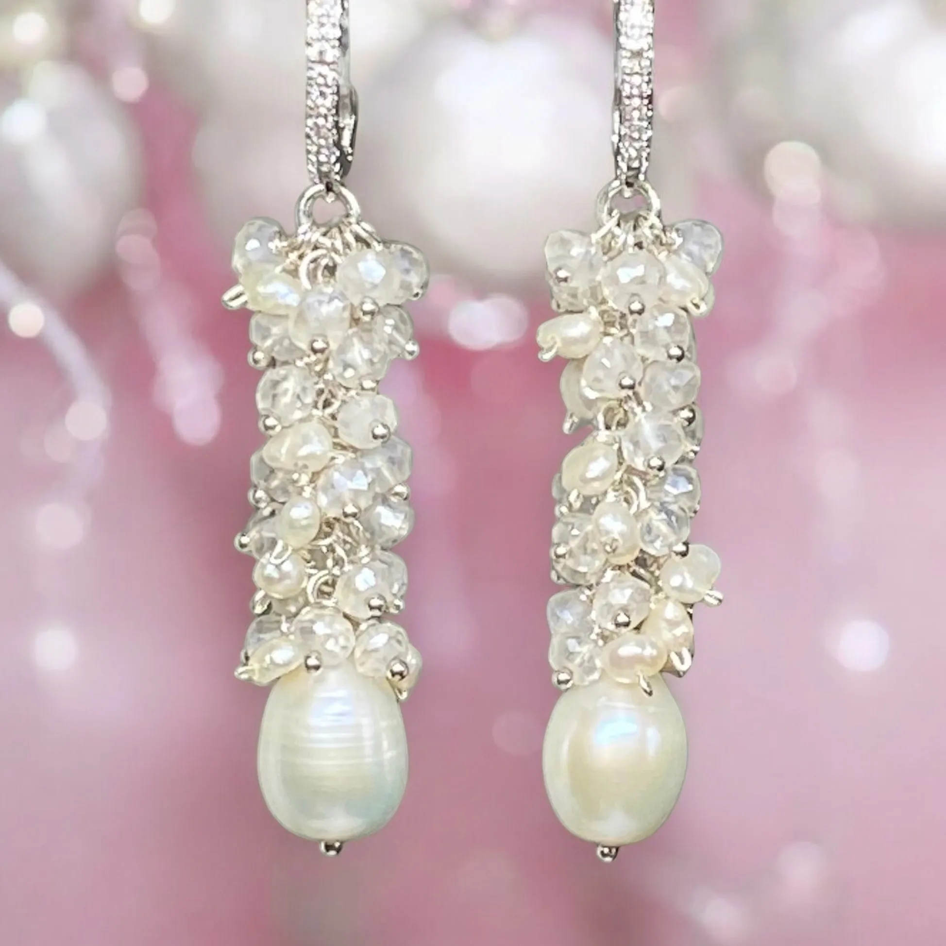 Long Mystic Quartz and Pearl Dangle Diamond Look Earrings