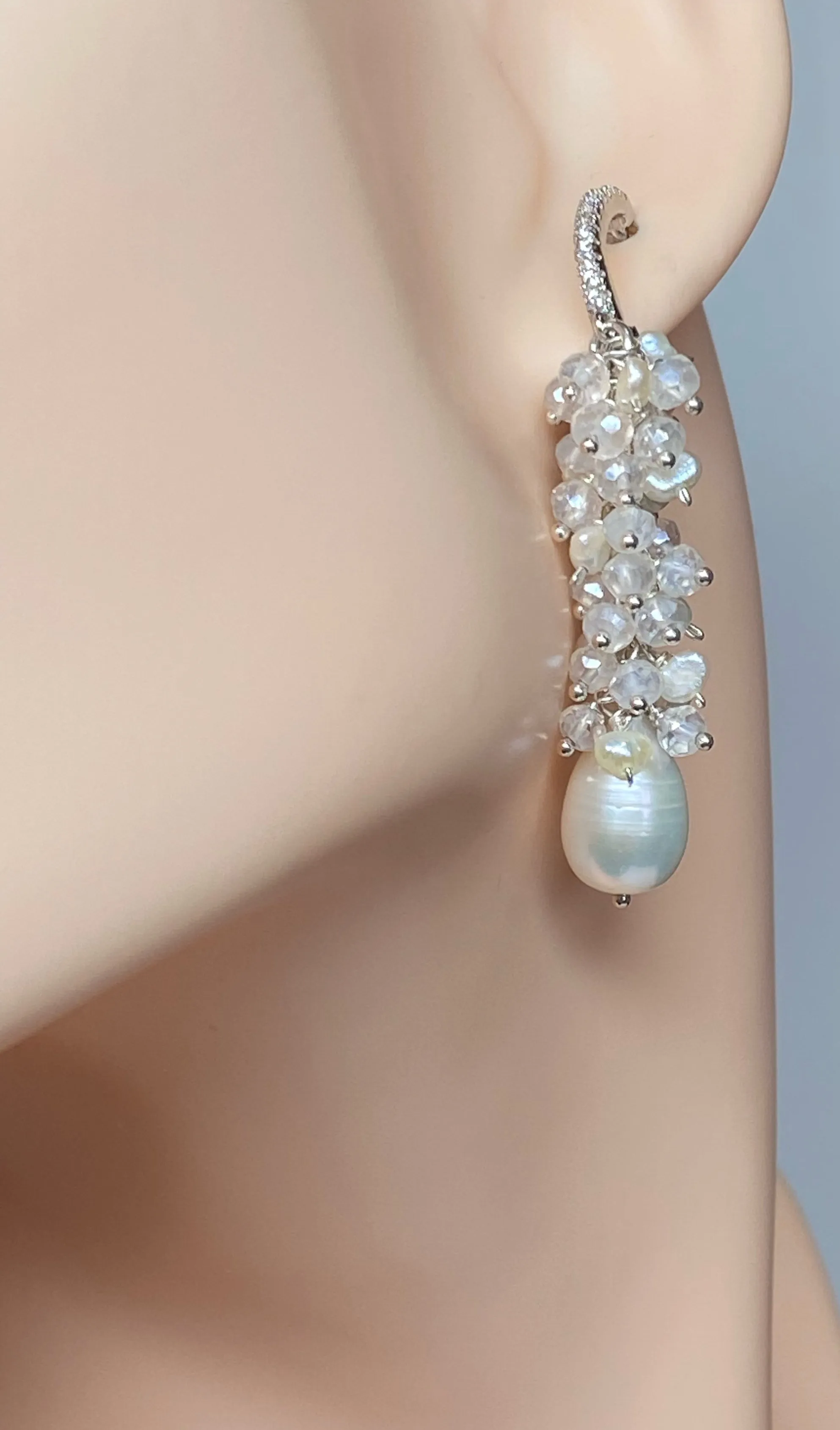 Long Mystic Quartz and Pearl Dangle Diamond Look Earrings