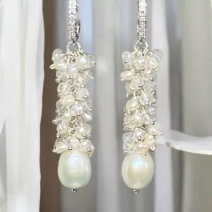 Long Mystic Quartz and Pearl Dangle Diamond Look Earrings