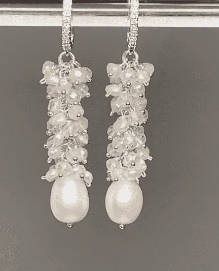 Long Mystic Quartz and Pearl Dangle Diamond Look Earrings
