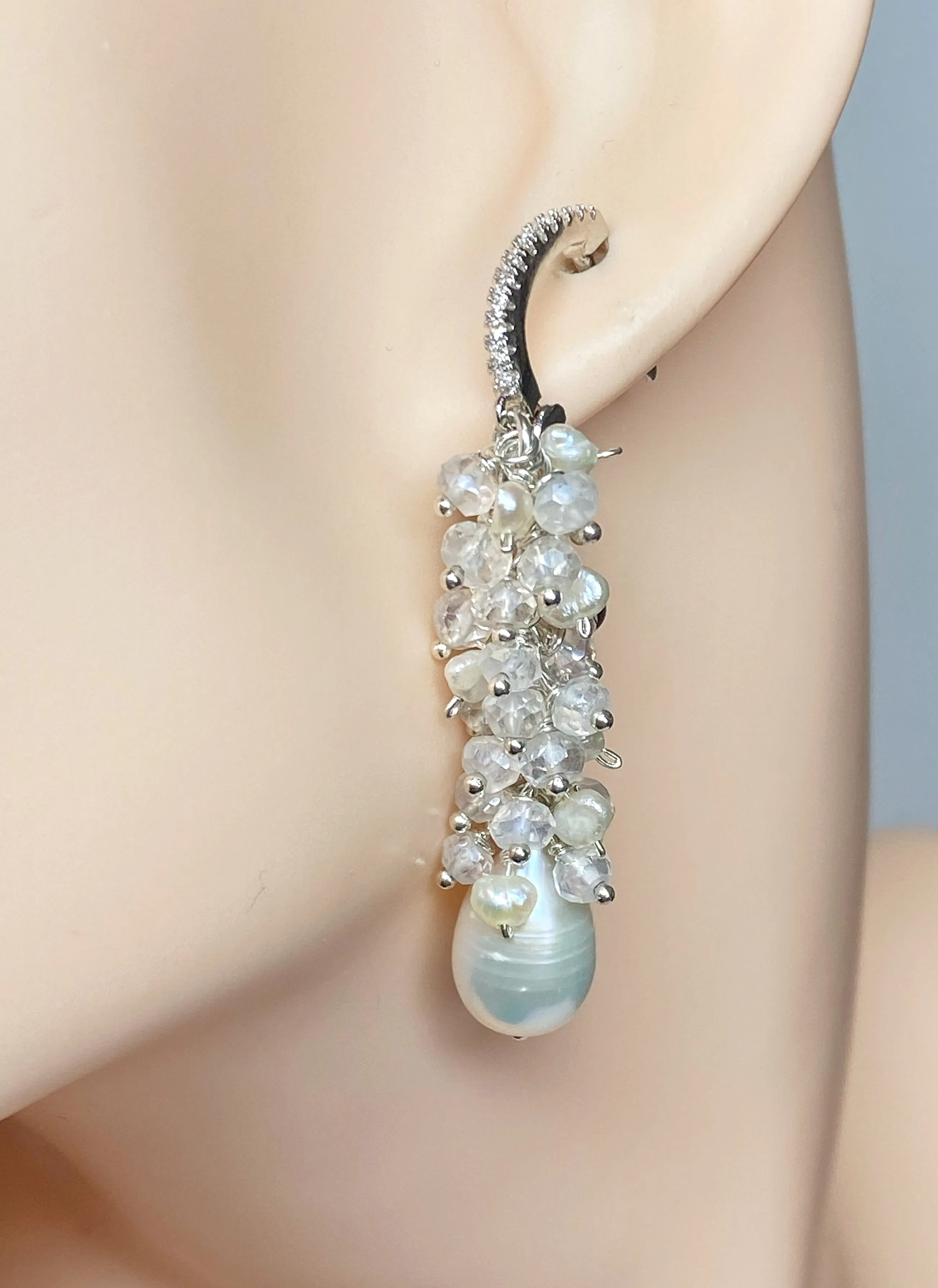 Long Mystic Quartz and Pearl Dangle Diamond Look Earrings