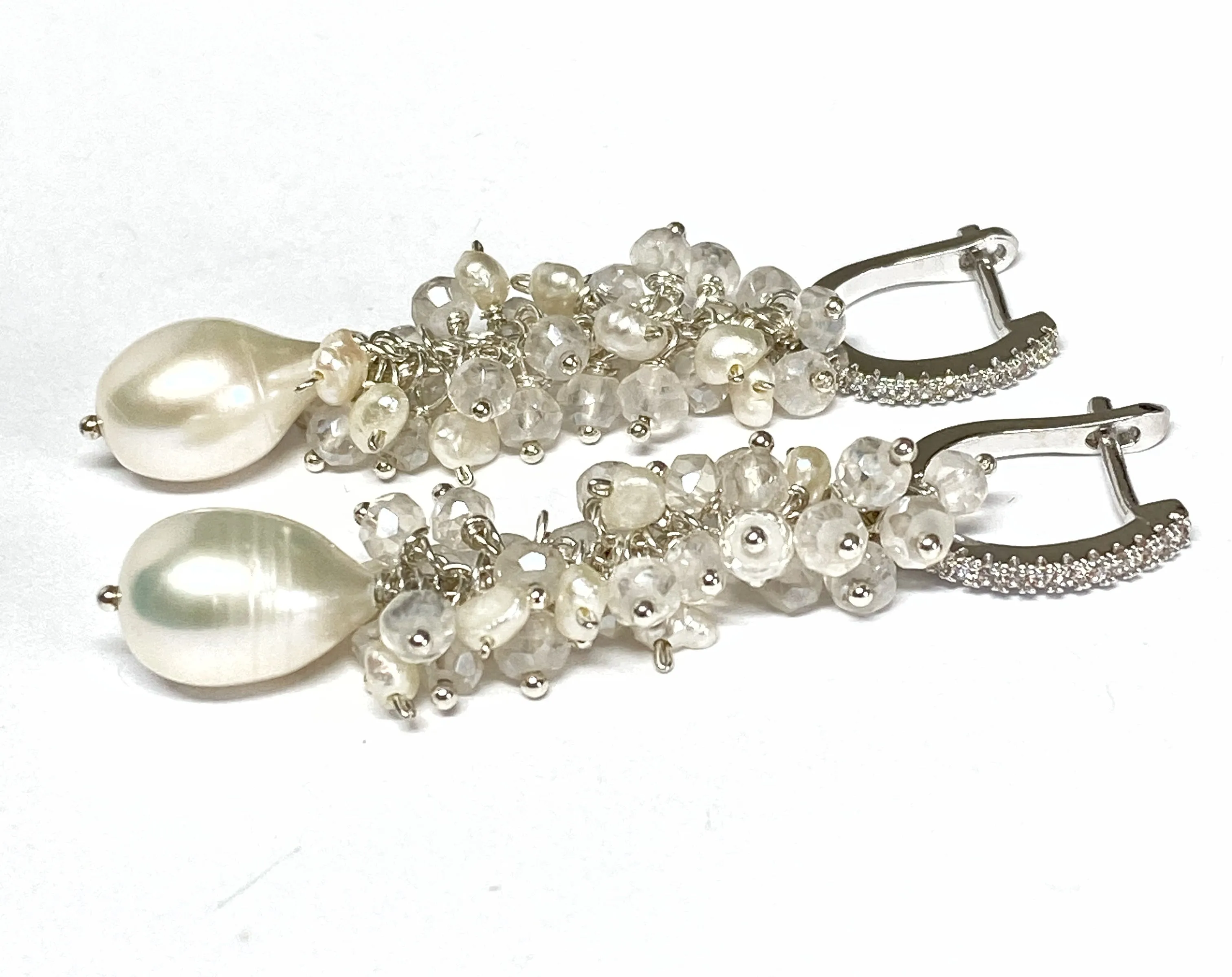 Long Mystic Quartz and Pearl Dangle Diamond Look Earrings