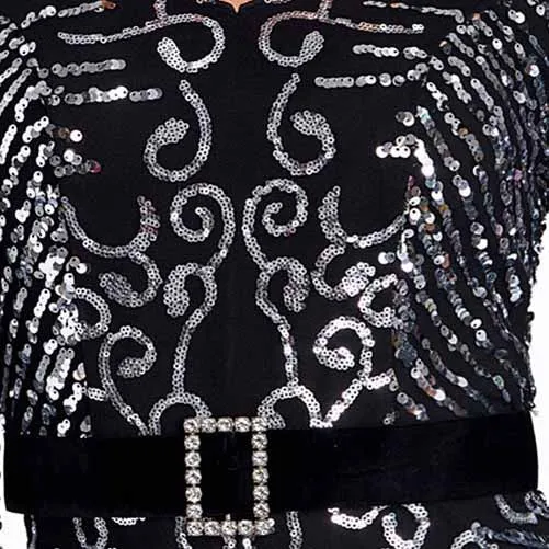 Long Pagoda Sleeves Maxi Dress Black Sequined Formal Event Gowns