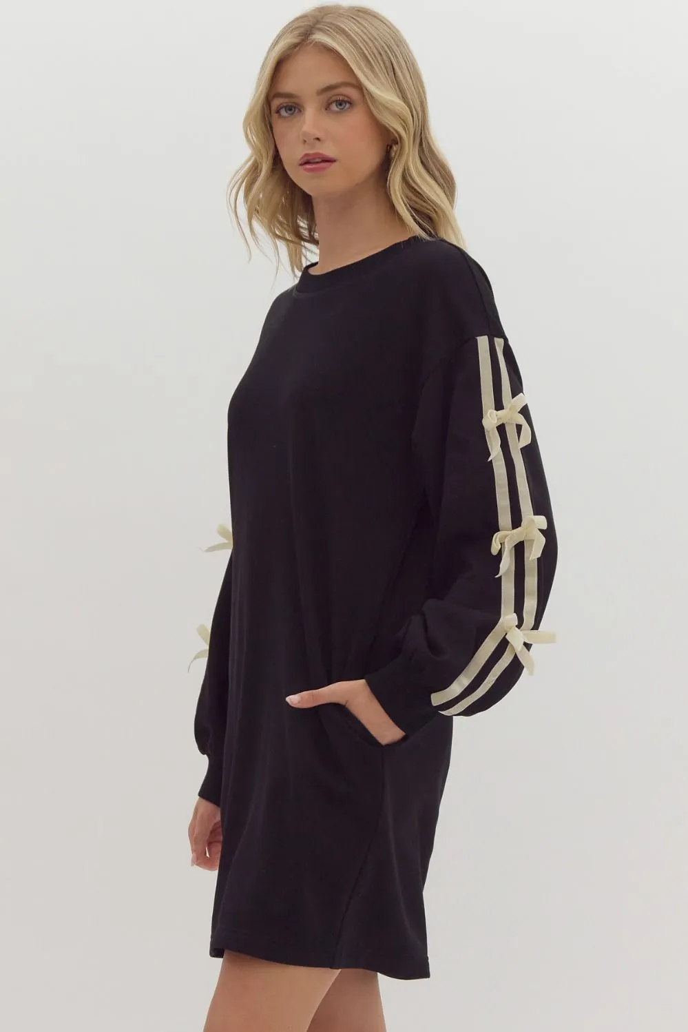 Long Sleeve Bow Detailed Mini Dress {Black}