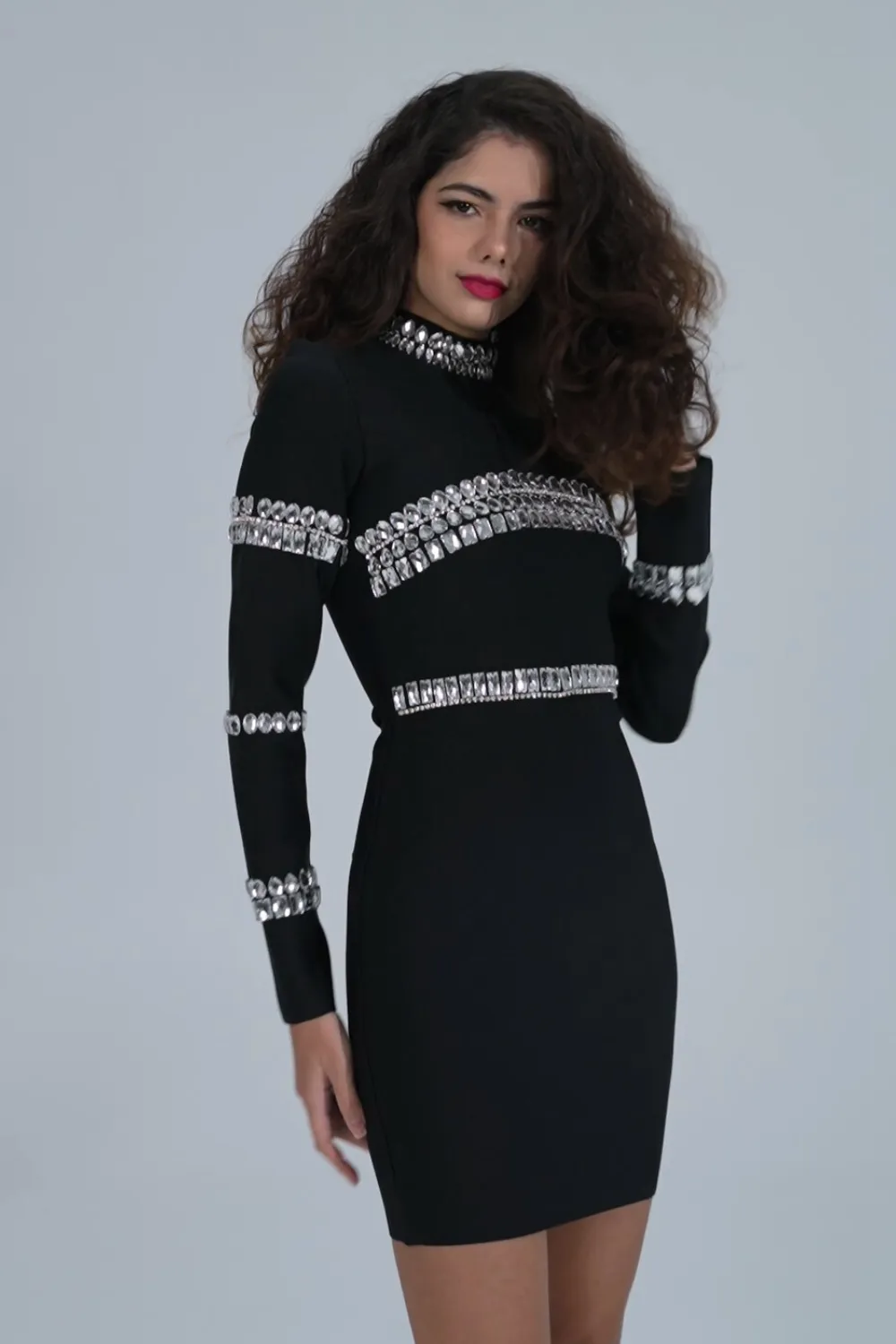 Long Sleeve Crystal Bandage Dress