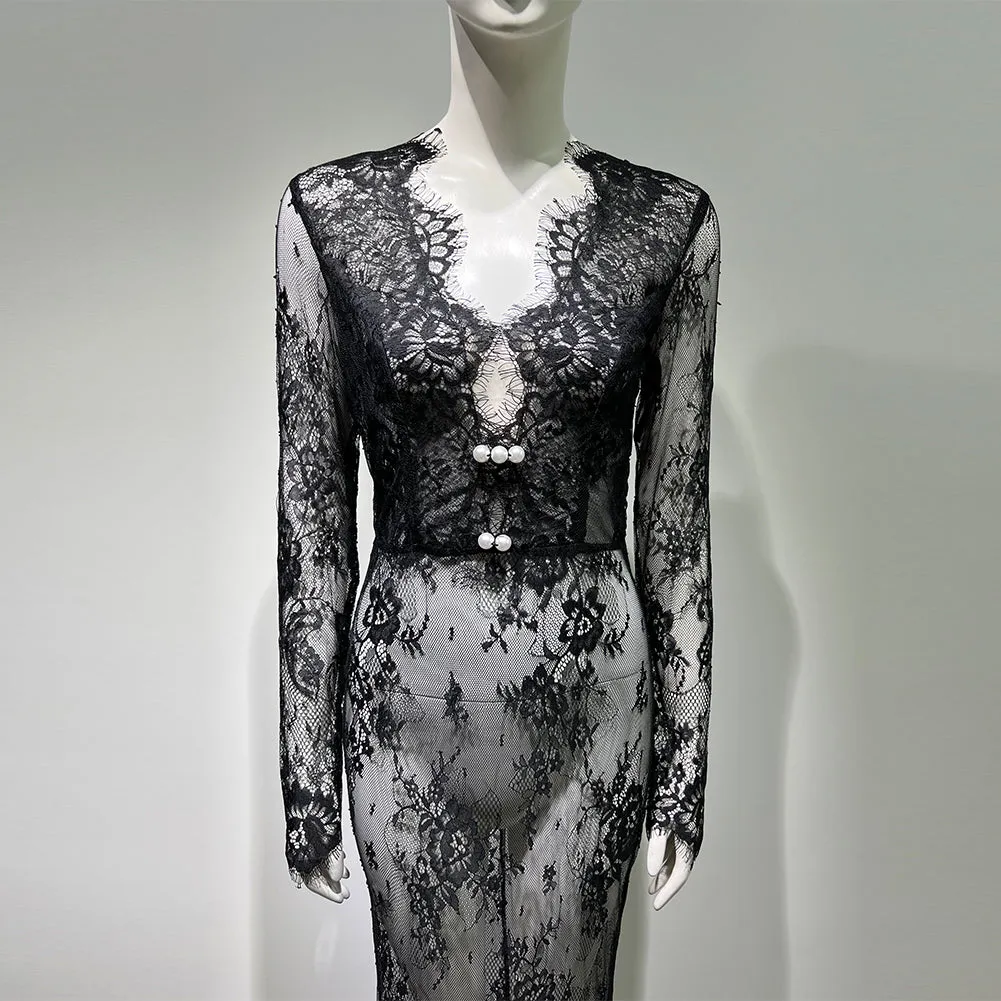Long Sleeve Lace Maxi Bodycon Dress HT10520