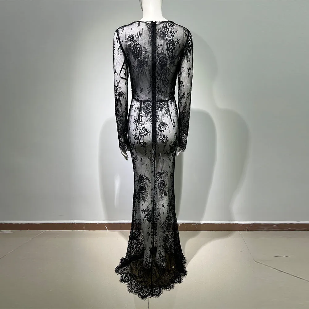 Long Sleeve Lace Maxi Bodycon Dress HT10520