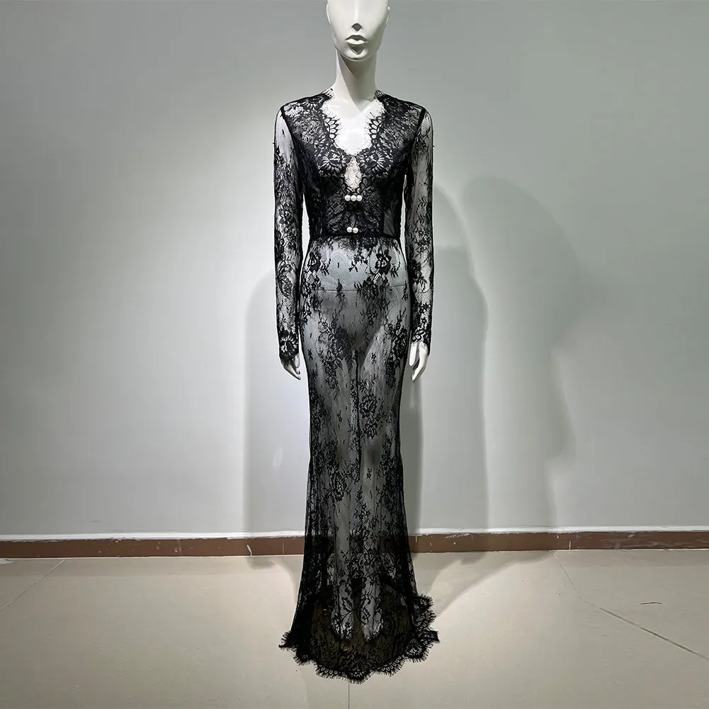 Long Sleeve Lace Maxi Bodycon Dress HT10520